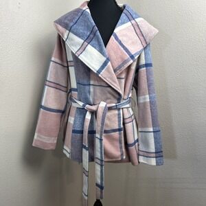 Colleen Lopez Belted‎ Jacket Women's Medium Pink & Blue Plaid Wool Blend Boho